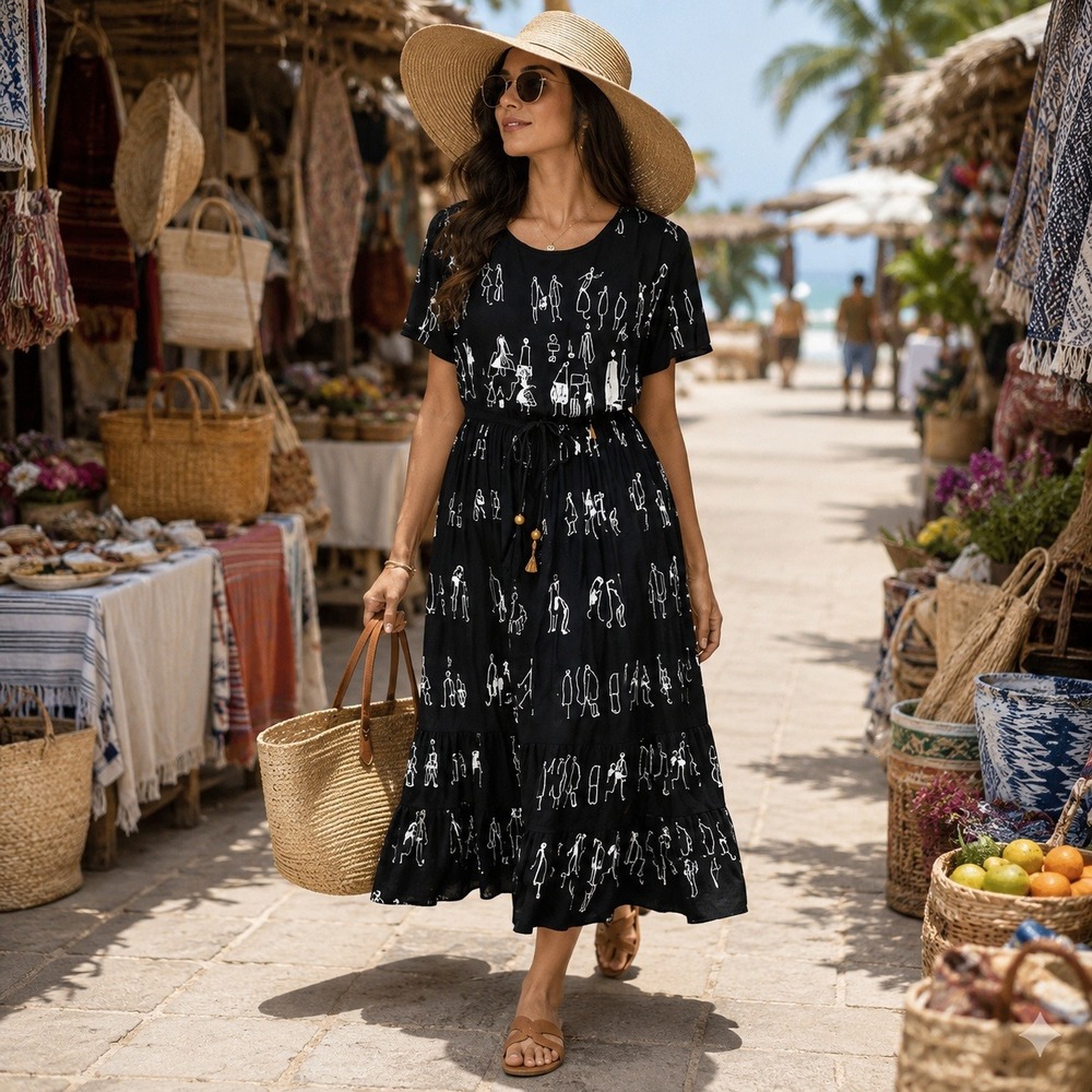 Boho Abstract Figure Print Maxi Dress M Tie Waist Artsy Eclectic Resort Everyday